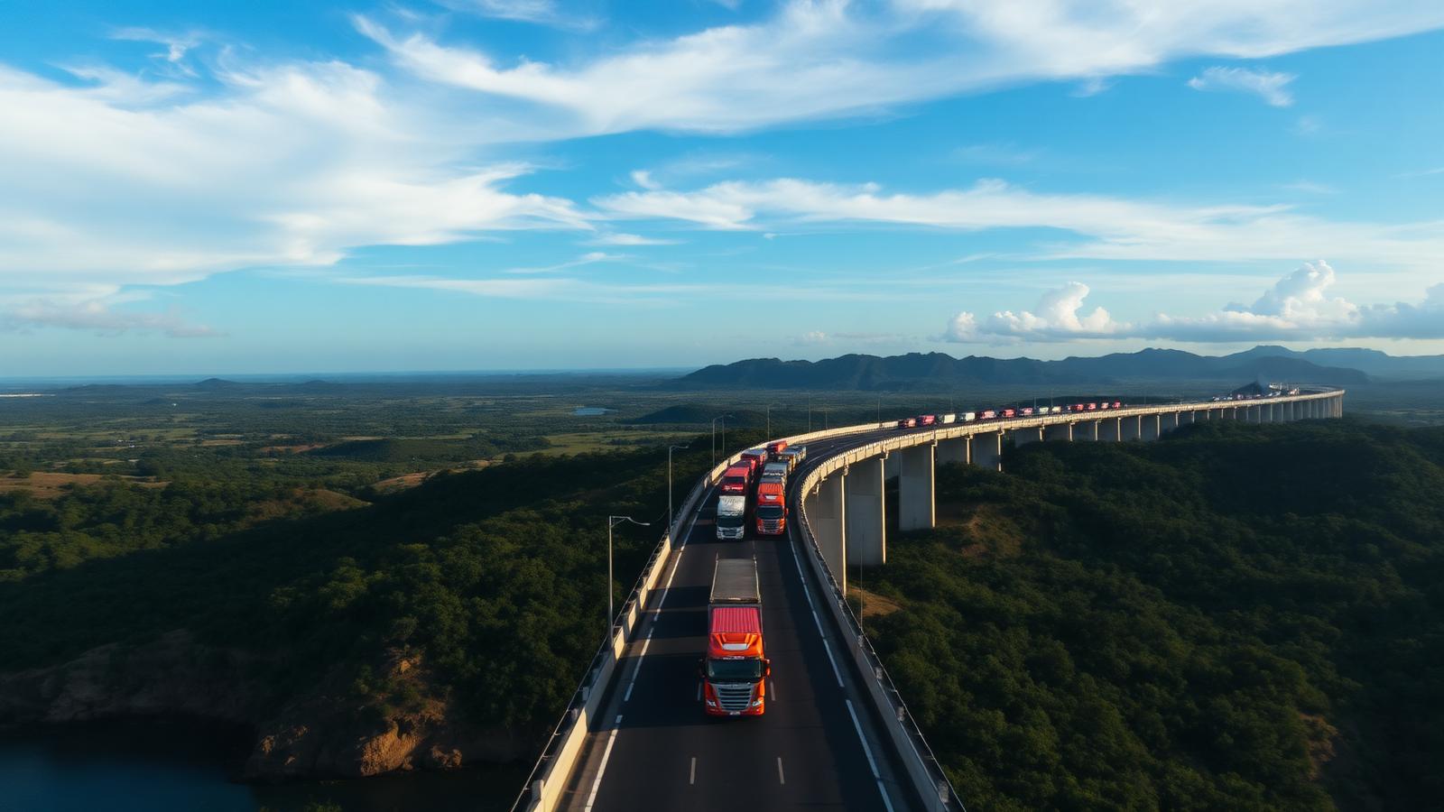 Comboio de caminhões em ponte brasileira